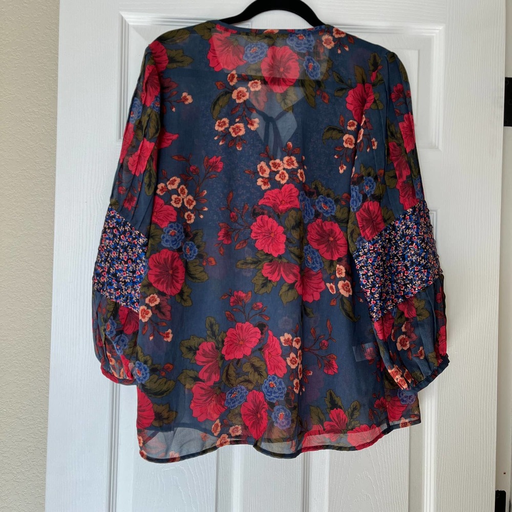 Anthropologie Navy Floral Peasant Blouse with Pink & Red Blossoms - Picture 6 of 6